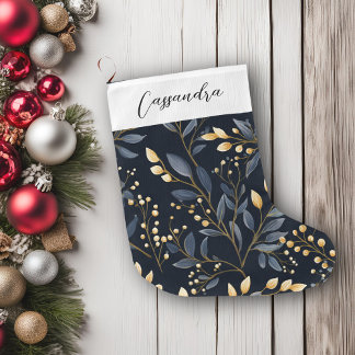 Modern blauw en goud kerstblad grote kerstsok