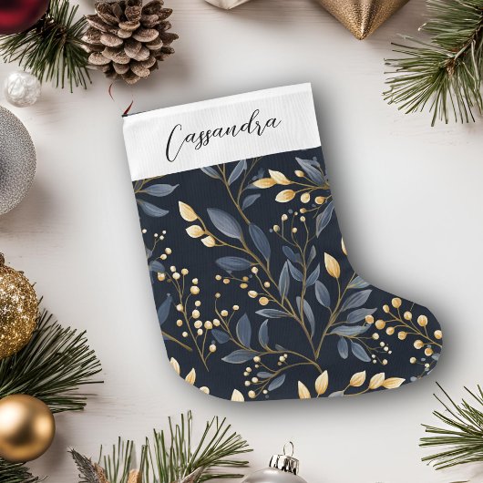 Modern blauw en goud kerstblad grote kerstsok