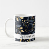 Modern blauw en goud kerstblad koffiemok (Links)