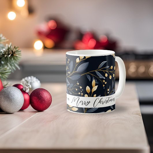Modern blauw en goud kerstblad koffiemok