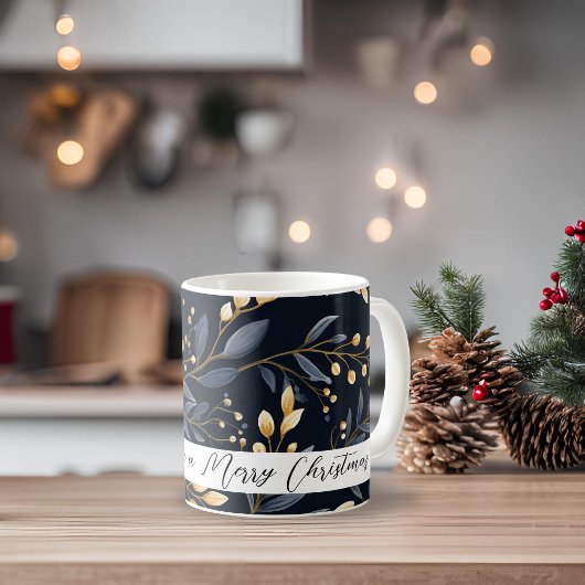 Modern blauw en goud kerstblad koffiemok