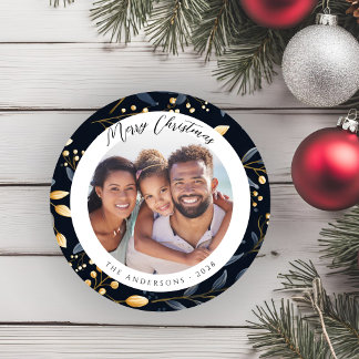 Modern blauw en goud kerstblad ronde foto feestdagenkaart