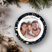 Modern blauw en goud kerstblad ronde foto feestdagenkaart