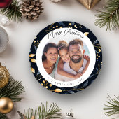 Modern blauw en goud kerstblad ronde foto feestdagenkaart