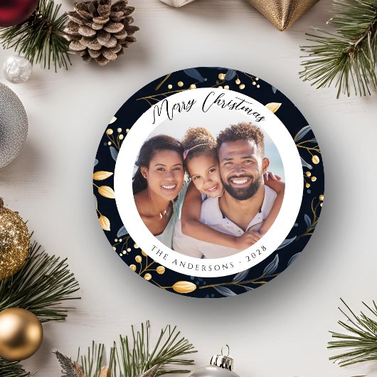 Modern blauw en goud kerstblad ronde foto feestdagenkaart