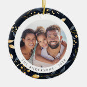 Modern blauw en goud kerstblad ronde foto keramisch ornament (Voorkant)