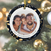 Modern blauw en goud kerstblad ronde foto keramisch ornament