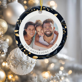 Modern blauw en goud kerstblad ronde foto keramisch ornament