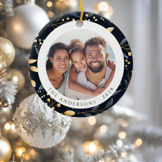 Modern blauw en goud kerstblad ronde foto keramisch ornament