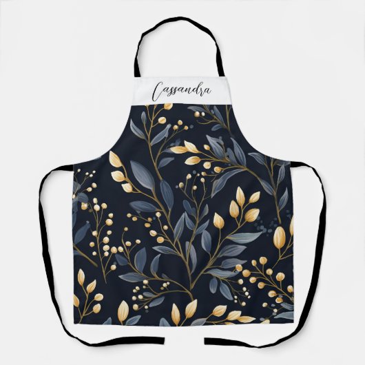 Modern blauw en goud kerstblad schort (Voorkant)