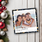 Modern blauw en goud kerstblad vierkante foto feestdagenkaart