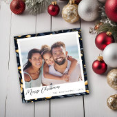 Modern blauw en goud kerstblad vierkante foto feestdagenkaart