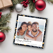 Modern blauw en goud kerstblad vierkante foto