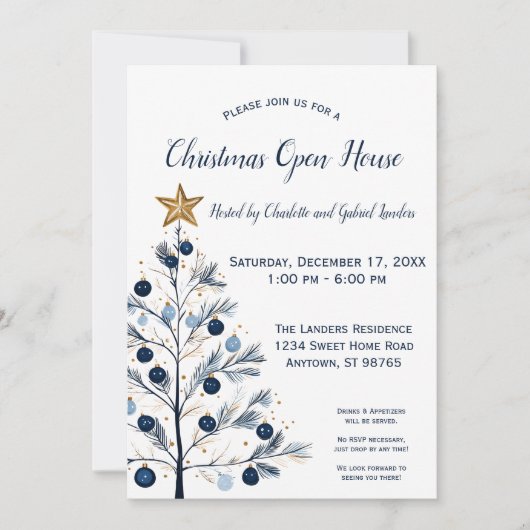 Modern blauw en goud kerstboom open huis feestdagenkaart (Voorkant)