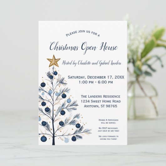Modern blauw en goud kerstboom open huis feestdagenkaart (Staand voorkant)