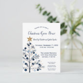 Modern blauw en goud kerstboom open huis feestdagenkaart (Staand voorkant)