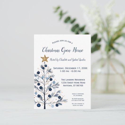 Modern blauw en goud kerstboom open huis feestdagenkaart (Staand voorkant)