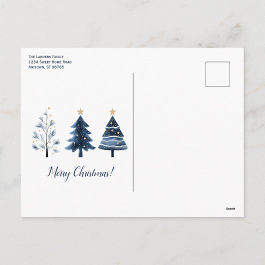 Modern blauw en goud kerstboom open huis feestdagenkaart (Achterkant)