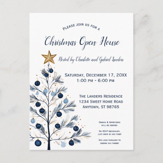 Modern blauw en goud kerstboom open huis feestdagenkaart (Voorkant)