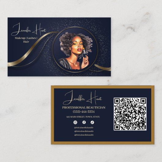 Modern Blauw en goud logo beroep QR code Visitekaartje (Voorkant / Achterkant)