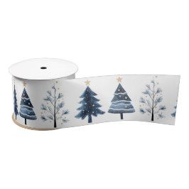 Modern blauw en goud vrolijke kerstbomen breed satijnen lint