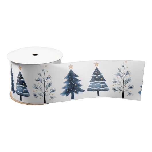 Modern blauw en goud vrolijke kerstbomen breed satijnen lint (Spoel)