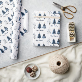 Modern blauw en goud vrolijke kerstbomen rollen cadeaupapier