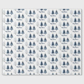 Modern blauw en goud vrolijke kerstbomen rollen cadeaupapier (Vlak)