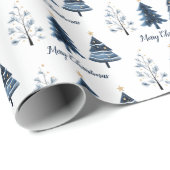 Modern blauw en goud vrolijke kerstbomen rollen cadeaupapier (Rol Hoek)