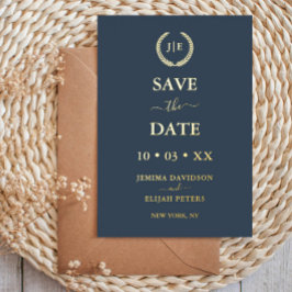 Modern Blauw en Gouden Foto Monogram Sla de Datum  Folie Uitnodiging