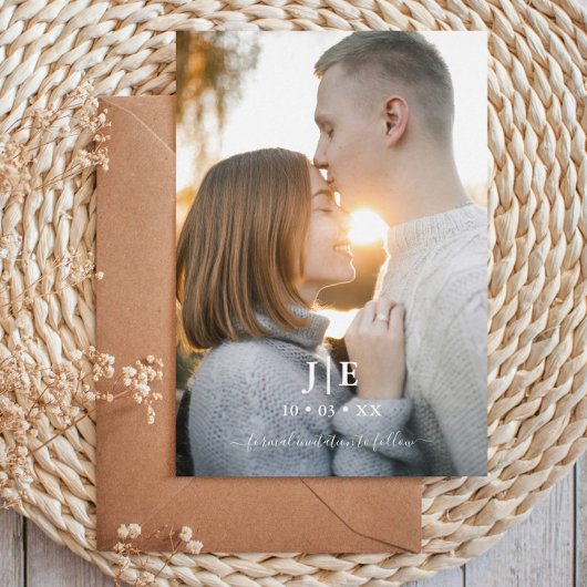 Modern Blauw en Gouden Foto Monogram Sla de Datum Folie Uitnodiging