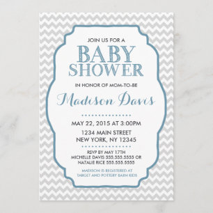 Modern Blauw en Grijs Chevron Baby shower Uitnodig Kaart