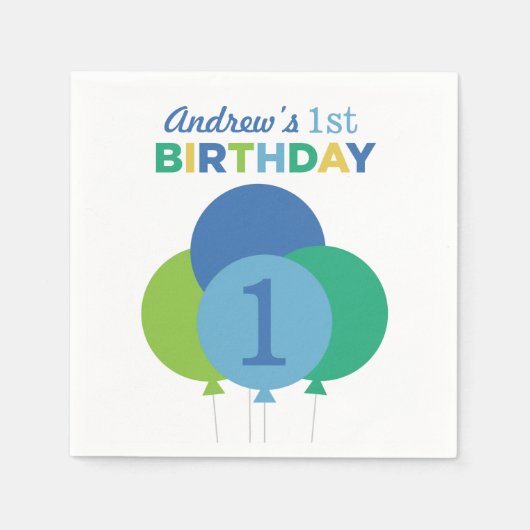 Modern Blauw en Groen Ballon Verjaardagsfeest Servet (Voorkant)
