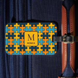 Modern blauw en Oranje puzzelstukken Monogram Bagagelabel