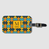 Modern blauw en Oranje puzzelstukken Monogram Bagagelabel (Voorkant (horizontaal))