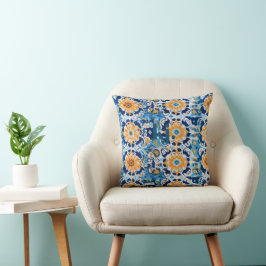 Modern Blauw en Oranje Tegel Monogram Kussen