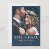 Modern blauw en Roos goud Save the Date (Voorkant)