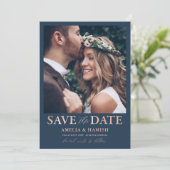 Modern blauw en Roos goud Save the Date (Staand voorkant)