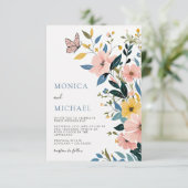 Modern Blauw en Rozen Floral Wildflower Wedding Kaart (Staand voorkant)