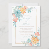 Modern blauw en Sinaasappel bloemenbruiloft Kaart (Voorkant)