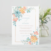 Modern blauw en Sinaasappel bloemenbruiloft Kaart (Staand voorkant)