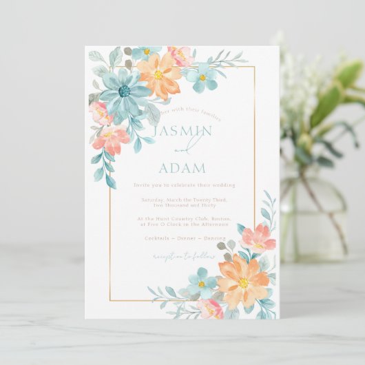 Modern blauw en Sinaasappel bloemenbruiloft Kaart (Staand voorkant)