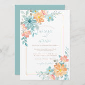 Modern blauw en Sinaasappel bloemenbruiloft Kaart (Voorkant / Achterkant)