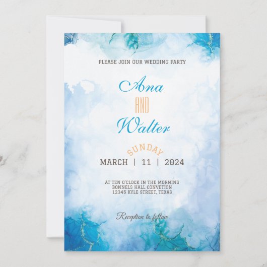 Modern blauw en turquoise waterverf bruiloft kaart (Voorkant)