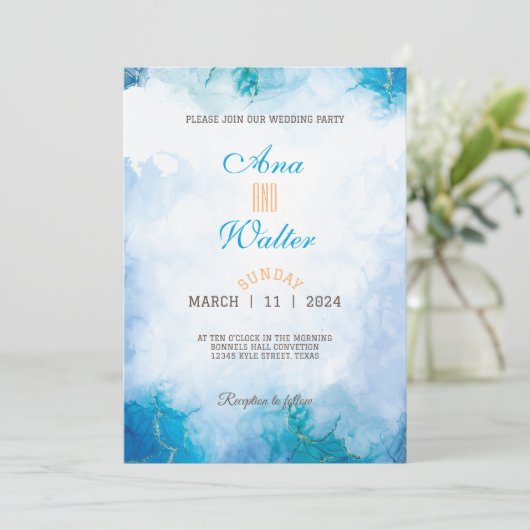 Modern blauw en turquoise waterverf bruiloft kaart (Staand voorkant)