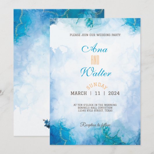 Modern blauw en turquoise waterverf bruiloft kaart (Voorkant / Achterkant)