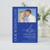 Modern Blauw en Wit Foto-Bruiloft Kaart (Staand voorkant)
