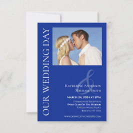 Modern Blauw en Wit Foto-Bruiloft Kaart