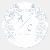 Modern blauw en wit Franse Rozen bruiloft Ronde Sticker (Voorkant)