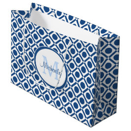Modern blauw en wit geometrisch monogram met naam large cadeautasje